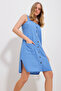 Women's Blue Strappy Buttoned Front 100% Linen Dress ALC-X11813 - 3