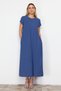 Blue Straight Cut Crew Neck Pocket Detailed Aerobin Midi Woven Dress TWOSS24EL00670 - 2