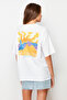 Beyaz %100 Pamuk Ön ve Arka Baskılı Boyfriend Fit Bisiklet Yaka Örme T-Shirt TWOSS23TS00057 - 6