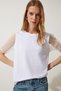 Women's White Knitted T-Shirt with Tulle Detail on Sleeves WO00033 - 2