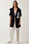 Women's Black Printed Oversize Gabardine Jacket SA00023 - 5
