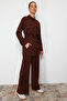 Brown Belted Pocket Detailed Diver/Scuba Knitted Bottom-Top Suit Tctss24Us00043