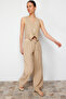 Bej %100 Keten Beli Lastikli Yüksek Bel Wide Leg Pantolon TWOSS24JE00249 - 8