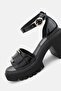 WOMEN'S BLACK Patent Leather Genuine Natural Leather Thick Heeled SANDALS SHOES - 6