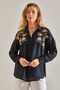 Women's Black Embroidered Wooden Bead Patterned Linen Ayrobin Shirt 60181026 - 3