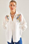 Women's White Linen Airobin Embroidery Stoned and Pearled Shirt 60181005