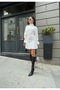 Women's White Stand Collar Guipure & Lace Sleeves and Skirt Pleat Detail Lined Belted Dress - 5