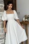 Women's Atlas Fabric Strapless Collar Pleated Flared Cut Short Balloon Sleeve Midi Length White Dress 167 - 8