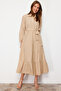 Stone Belted Mandarin Collar Button Detail Woven Dress TCTSS21EL3343 - 2