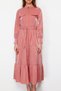 Dried Rose Shiny Satin Belt Detailed Frilly Woven Dress with Skirt TCTSS24EB00169 - 4