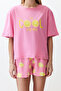 Pembe %100 Pamuklu Slogan ve Limon Baskılı Şortlu Örme Pijama Takımı THMSS24PT00226 - 5