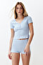Light Blue Button Detailed Knitted Pajama Set with Ribbed Shorts Thmss24Pt00097 - 2