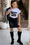 Girl's Text Printed T-Shirt Pocket Detailed Checkered Blazer Jacket Black Jean Skirt Set - 2