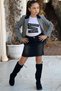 Girl's Text Printed T-Shirt Pocket Detailed Checkered Blazer Jacket Black Jean Skirt Set