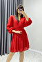 Women's Pleated Balloon Sleeve Double-Breasted Neck Chiffon Dress Red, Black - 3