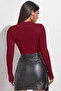 Women's Burgundy Low-Cut Long Sleeve Cut Out Crop Top Blouse - 2