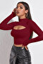 Women's Burgundy Low-Cut Long Sleeve Cut Out Crop Top Blouse - 5