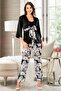 Satin Lace Detailed Dressing Gown 3-Piece Pajamas Set Flower Patterned 4910 Black - 2