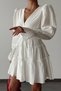 Women's Cotton Fabric Double Breasted Collar Skirt Pleated Long Sleeve White Mini Evening Dress 087 - 4