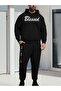 Printed Unisex Bottom Top Combination Black Tracksuit Set - Hooded Sweatshirt Sweatpants Jogger
