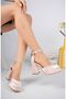 Beige Satin Ankle Stone Detailed Closed Toe Platform Heeled Evening Dress Shoes - 6