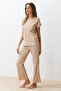 Beige Corded Fabric Collar Detail Knitted Pajama Set THMSS24PT00234