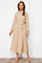 Stone Belted Mandarin Collar Button Detail Woven Dress TCTSS21EL3343