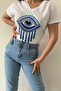 Women's White V-Neck Large Size Eye Sequin Sequin Embroidered 100% Cotton Large Size T-Shirt - 4