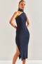 Women's Navy Blue Turtleneck Shoulder-Cut Knitwear Dress 20246075 - 5
