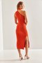 Women's Orange Turtleneck Shoulder-Cut Knitwear Dress 20246075 - 3