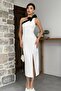 Women's White Atlas Fabric Single Shoulder Bow and Slit Design Midi Dress 235 - 4