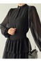 Women's Black Chiffon Fabric Sleeves Sheer Skirt Layered Design Stand Collar Flared Mini Dress 086