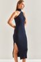 Women's Navy Blue Turtleneck Shoulder-Cut Knitwear Dress 20246075 - 6