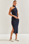 Women's Navy Blue Turtleneck Shoulder-Cut Knitwear Dress 20246075 - 4