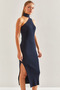 Women's Navy Blue Turtleneck Shoulder-Cut Knitwear Dress 20246075