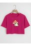 Women's Oversize Crew Neck Mushroom and Frog Printed Crop T-shirt