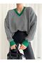 Women's V-Neck Zigzag Pattern Sleeve Color Detail Comfortable Fit Knitwear Sweater