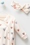Baby Girl 100% Organic Cotton Heart Printed Bandana Newborn Hospital Exit Jumpsuit Baby Set - 3
