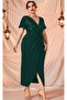 Women's Double-Breasted Collar Top Sequin Short Sleeve Front Slit Sandy Stretch Evening Dress