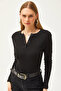 Women's Black Crew Neck Buttoned Long Sleeve Lycra Cotton Blouse BLZ-19002566 - 6