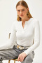 Women's Ecru Crew Neck Buttoned Long Sleeve Lycra Cotton Blouse BLZ-19002566 - 5