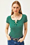 Women's Emerald Green Metal Buttoned Striped Knitted Blouse BLZ-19002562 - 3