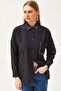 Women's Black Collar and Pocket Jewelled Woven Shirt GML-19001185 - 2