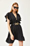 Women's Black Double-breasted Collar Sleeve Detailed Mini Draped Dress ELB-19002079 - 6