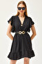 Women's Black Double-breasted Collar Sleeve Detailed Mini Draped Dress ELB-19002079 - 5