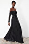 Black A-Line Carmen Neck Knit Tulle Long Elegant Evening Dress TPRSS24AE00068