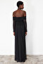 Black A-Line Carmen Neck Knit Tulle Long Elegant Evening Dress TPRSS24AE00068 - 6