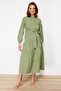 Light Khaki Belted Mandarin Collar Button-Detail Woven Dress TCTSS21EL3343