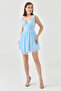 Women's Baby Blue Lined Tulle Fabric Back Low-cut Tie-up Design Flared Mini Dress with Chest Support 162 - 4