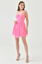 Women's Pink Lined Tulle Fabric Backless Lacing Design Flared Mini Dress with Chest Pad 162